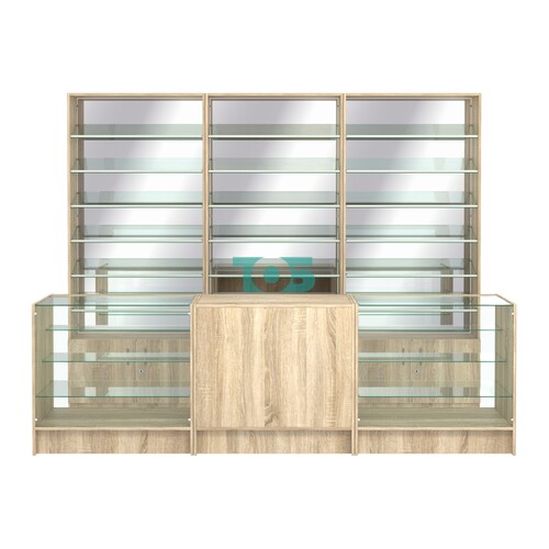 Комплект стеллажей с наклонными стеклянными полками SL-6 №12-2 и прилавков ЭК-04