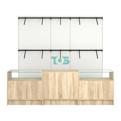 Комплект стеллажей с пристенными поручнями и прилавков ЭК-2 для торговли одеждой №5