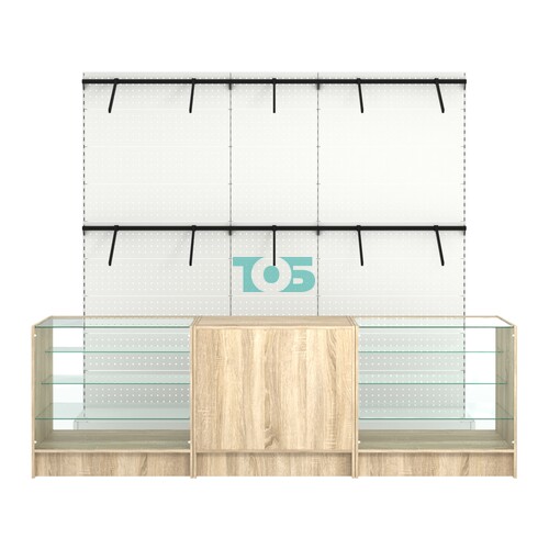 Комплект стеллажей с пристенными поручнями и прилавков ЭК-4 для торговли одеждой №7