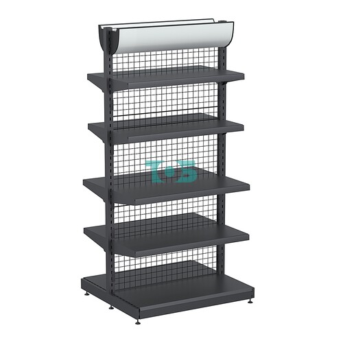 Стеллаж торговый металлический островной с сетчатой задней стенкой "ГРАФФ" №7-2.15-1Ф с полками и лайтбоксом