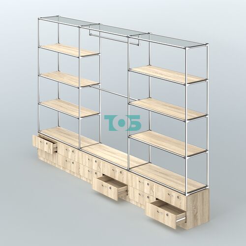 Торговая система ХРОМ без ДСП 3600 мм с тумбами Т14, полками ДСП и поручнями №1