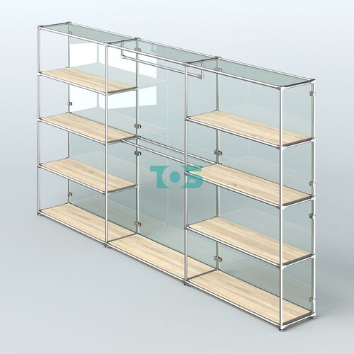 Торговая система ХРОМ (задняя стенка - стекло) 3600 мм с полками ДСП и поручнями №1