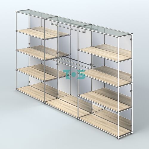 Торговая система ХРОМ (задняя стенка - зеркало) 3600 мм с полками ДСП и поручнями №1