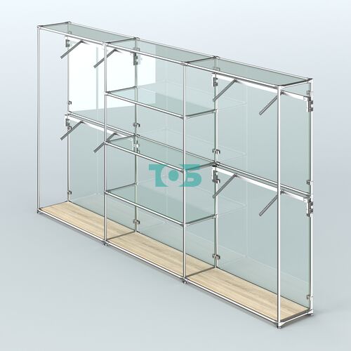 Торговая система ХРОМ (задняя стенка - стекло) 3600 мм с прозрачными полками и поручнями №5
