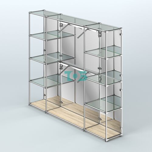 Торговая система ХРОМ (задняя стенка - зеркало) 2430 мм с прозрачными полками и поручнями №7