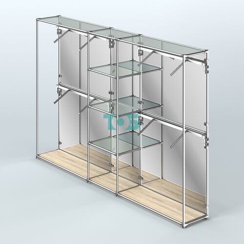 Торговая система ХРОМ (задняя стенка - зеркало) 3030 мм с прозрачными полками и поручнями №8