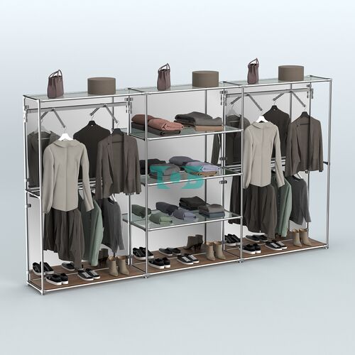 Торговая система ХРОМ (задняя стенка - зеркало) 3600 мм с прозрачными полками и поручнями №10