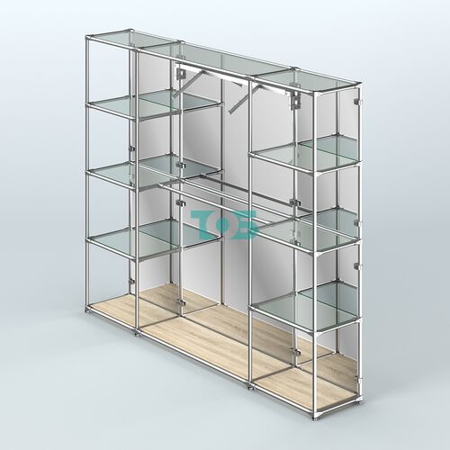 Торговая система ХРОМ (задняя стенка - зеркало) 2430 мм с прозрачными полками и поручнями №11