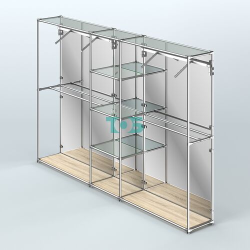 Торговая система ХРОМ (задняя стенка - зеркало) 3030 мм с прозрачными полками и поручнями №12