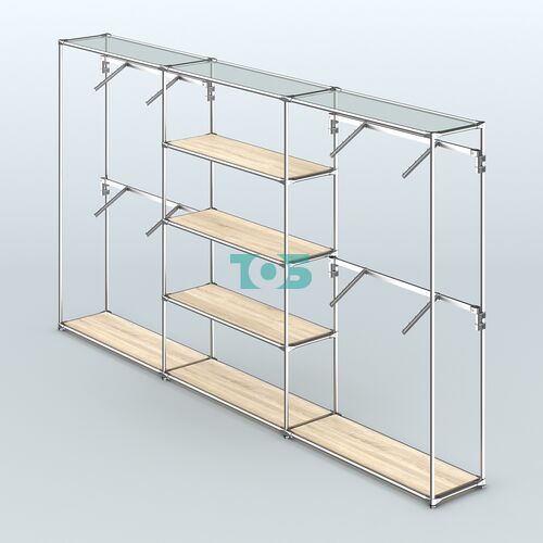 Торговая система ХРОМ без ДСП 3600 мм с полками ДСП и поручнями №5
