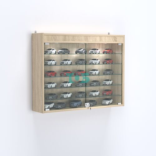 Витрина настенная №203-7А широкая с фризом и пятью стеклянными полками