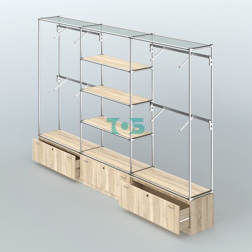 Торговая система ХРОМ без ДСП 3600 мм с тумбами Т11, полками ДСП и поручнями №3