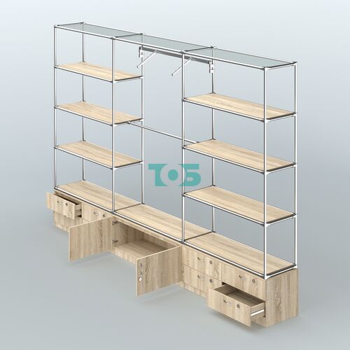 Торговая система ХРОМ без ДСП 3600 мм с тумбами Т14, Т21, полками ДСП и поручнями №5