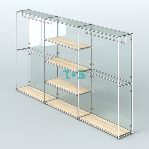 Торговая система ХРОМ (задняя стенка - стекло) 3600 мм с полками ДСП и поручнями №2