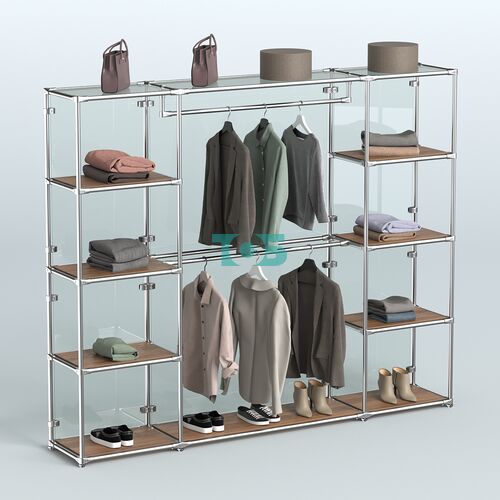 Торговая система ХРОМ (задняя стенка - стекло) 2430 мм с полками ДСП и поручнями №3