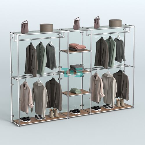 Торговая система ХРОМ (задняя стенка - стекло) 3030 мм с полками ДСП и поручнями №4