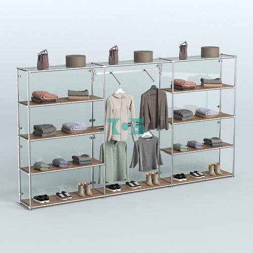 Торговая система ХРОМ (задняя стенка - стекло) 3600 мм с полками ДСП и поручнями №6