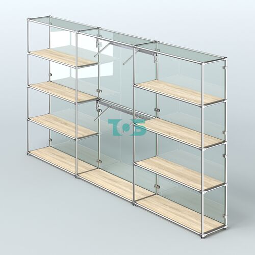 Торговая система ХРОМ (задняя стенка - стекло) 3600 мм с полками ДСП и поручнями №6