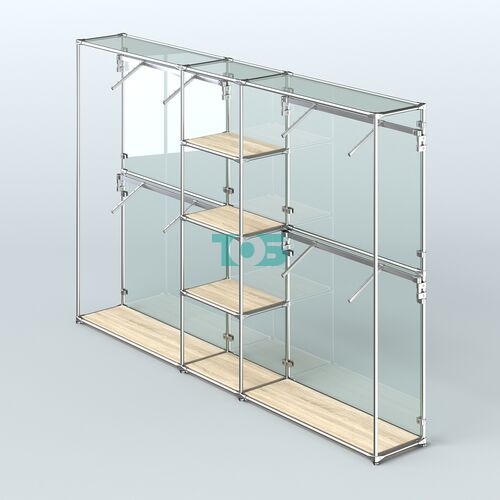 Торговая система ХРОМ (задняя стенка - стекло) 3030 мм с полками ДСП и поручнями №8