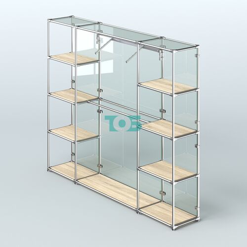 Торговая система ХРОМ (задняя стенка - стекло) 2430 мм с полками ДСП и поручнями №11