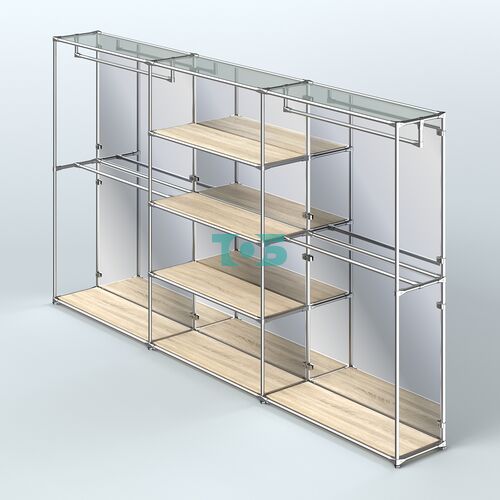 Торговая система ХРОМ (задняя стенка - зеркало) 3600 мм с полками ДСП и поручнями №2