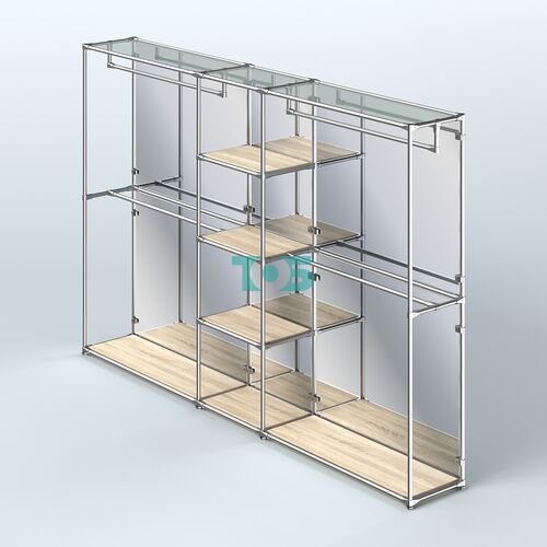 Торговая система ХРОМ (задняя стенка - зеркало) 3030 мм с полками ДСП и поручнями №4