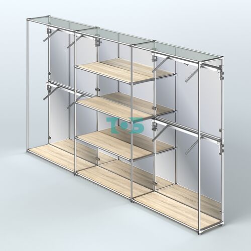 Торговая система ХРОМ (задняя стенка - зеркало) 3600 мм с полками ДСП и поручнями №5