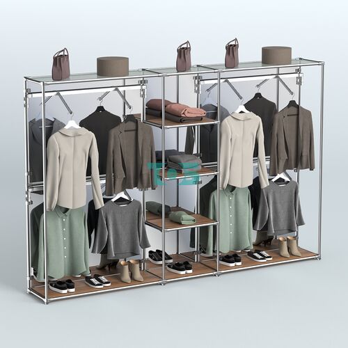 Торговая система ХРОМ (задняя стенка - зеркало) 3030 мм с полками ДСП и поручнями №8