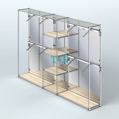 Торговая система ХРОМ (задняя стенка - зеркало) 3030 мм с полками ДСП и поручнями №8