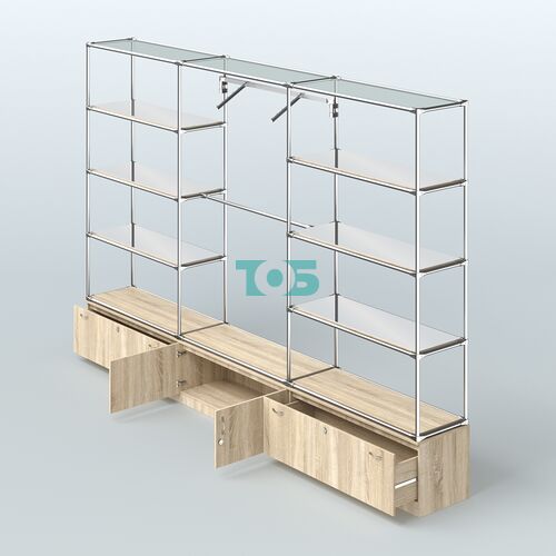 Торговая система ХРОМ без ДСП 3600 мм с тумбами Т11, Т21, зеркальными полками и поручнями №4