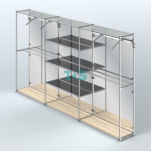 Торговая система ХРОМ (задняя стенка - зеркало) 3600 мм с тонированными полками и поручнями №10