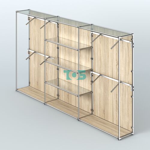 Торговая система ХРОМ (задняя стенка - ДСП) 3600 мм с зеркальными полками и поручнями №5