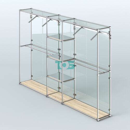 Торговая система ХРОМ (задняя стенка - стекло) 3600 мм с зеркальными полками и поручнями №12