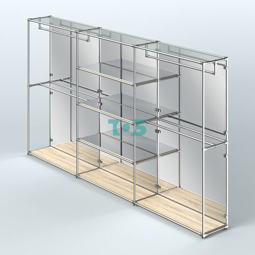 Торговая система ХРОМ (задняя стенка - зеркало) 3600 мм с зеркальными полками и поручнями №2