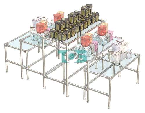 Островной комплект хромированных демо-столов с прозрачными полками для продажи чая и кофе ОКХДС-ЧК-D45-01