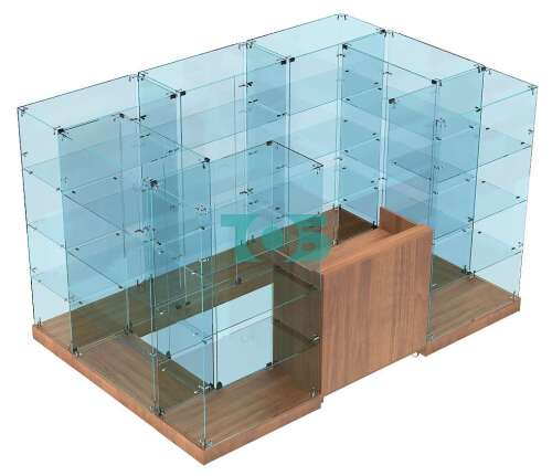 Стеклянный павильон-островок с прозрачными модулями на три полки для спортивного питания S&F-СПО-ХП-04