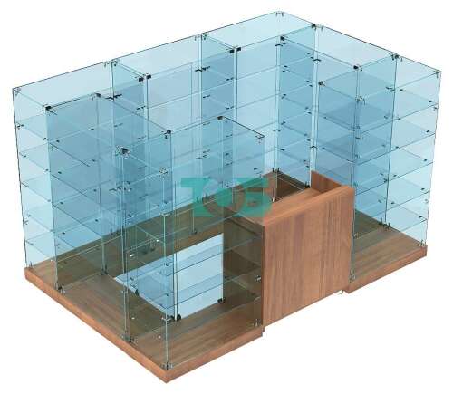 Стеклянный павильон-островок с модулями на пять полок для выкладки товаров спортивного питания S&F-СПО-ХП-05