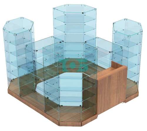 Стеклянный павильон-островок с прозрачными колоннами-трапециями для торговли спортивным питанием S&F-СПО-АБ-10