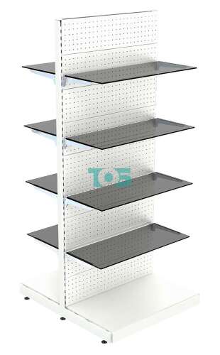Высокий островной металлический торговый стеллаж с тонированными полками и перфо- рированной задней стенкой