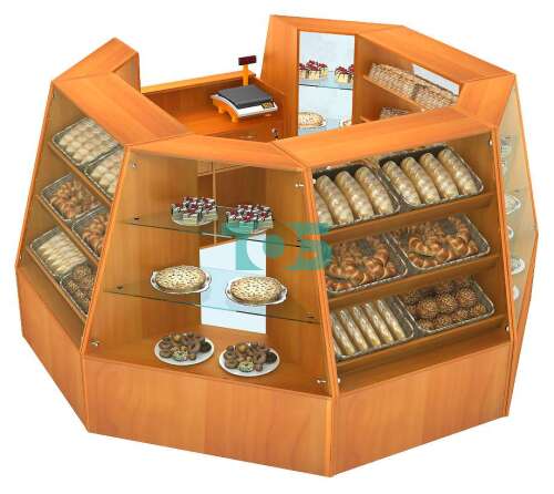 Низкий стеклянный торговый остров для продажи выпечки и хлеба серии BAKERY №1-1 (4,94 кв.м)