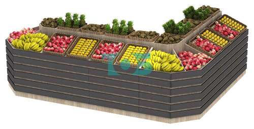 Угловой развал для продажи фруктов и овощей с фасадными планками FRUIT-COURT-УР-06