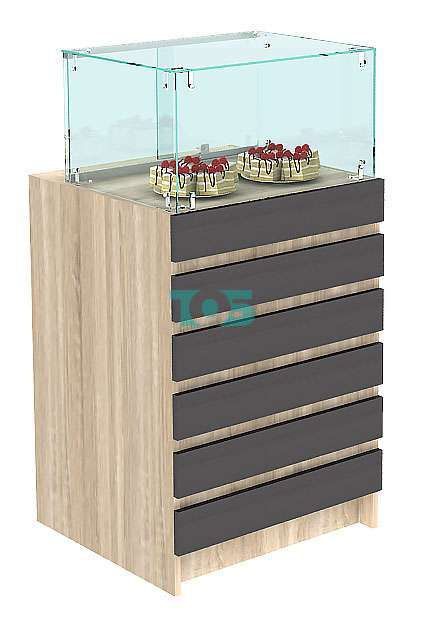 Торговый прилавок для хлеба и выпечки со стеклянным верхом и фасадными панелями BAKERY-ТПХ-14Д-600