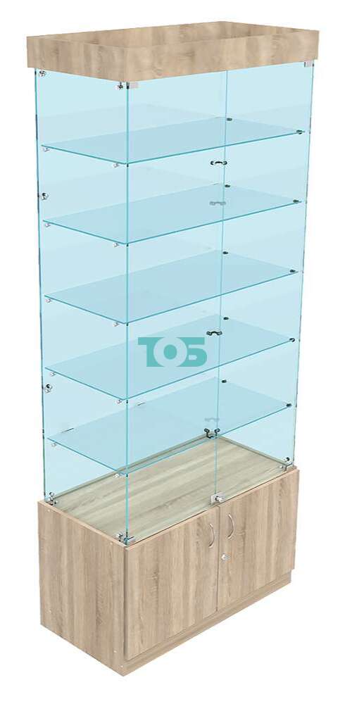 Высокая стеклянная витрина с пятью прямоугольными полками из стекла для магазина хлеба и выпечки ХВ-ИС-501