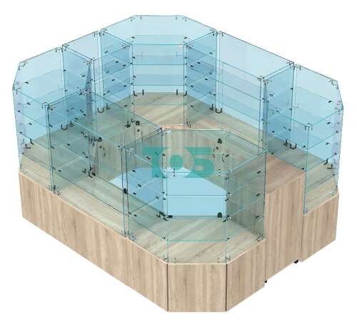 Стеклянный павильон - островок с подиумами-накопителями для продажи домашних товаров HOME-СПО-ЦЗ-02