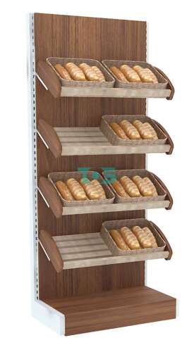 Торговый стеллаж широкий для продажи хлеба серии BAKERY с полками - корзинами №1