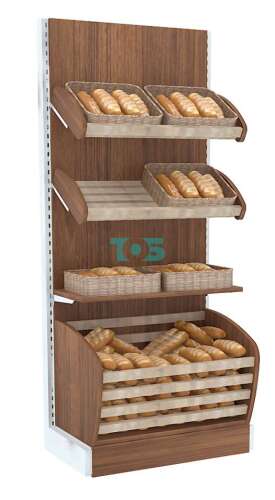 Широкий стеллаж для продажи хлеба серии BAKERY с нижней корзиной - накопителем №2