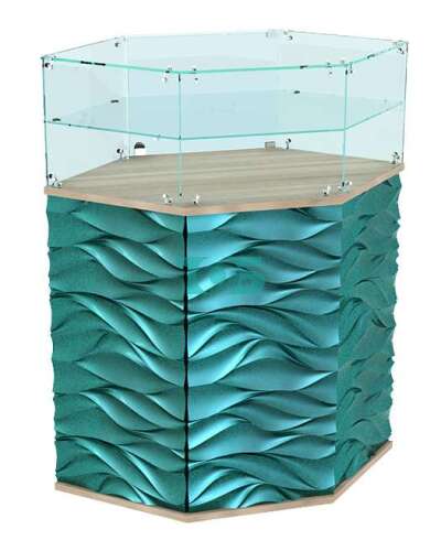 Прилавок шестигранный с искусственным камнем и стеклянной полкой для магазина сумок BAGS-ПВЛ-07