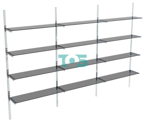 Настенная трехсекционная система с полками из тонированного стекла для магазина сантехники 3С-05
