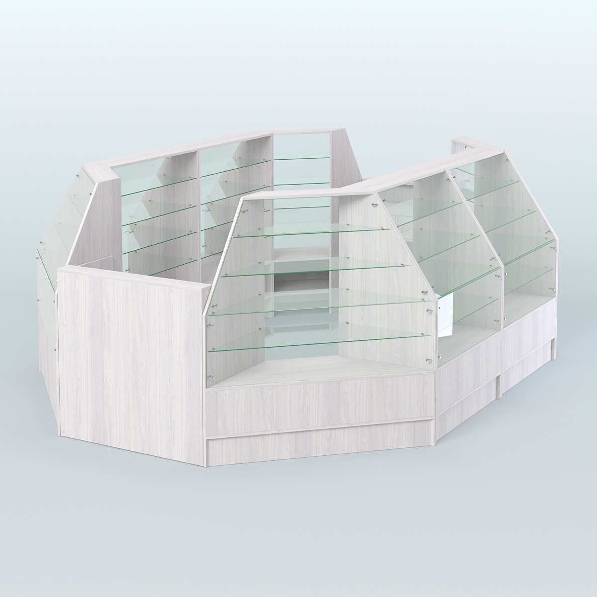 Низкий торговый остров серии Алмаз №3 с двумя кассовыми прилавками Ясень Анкор светлый