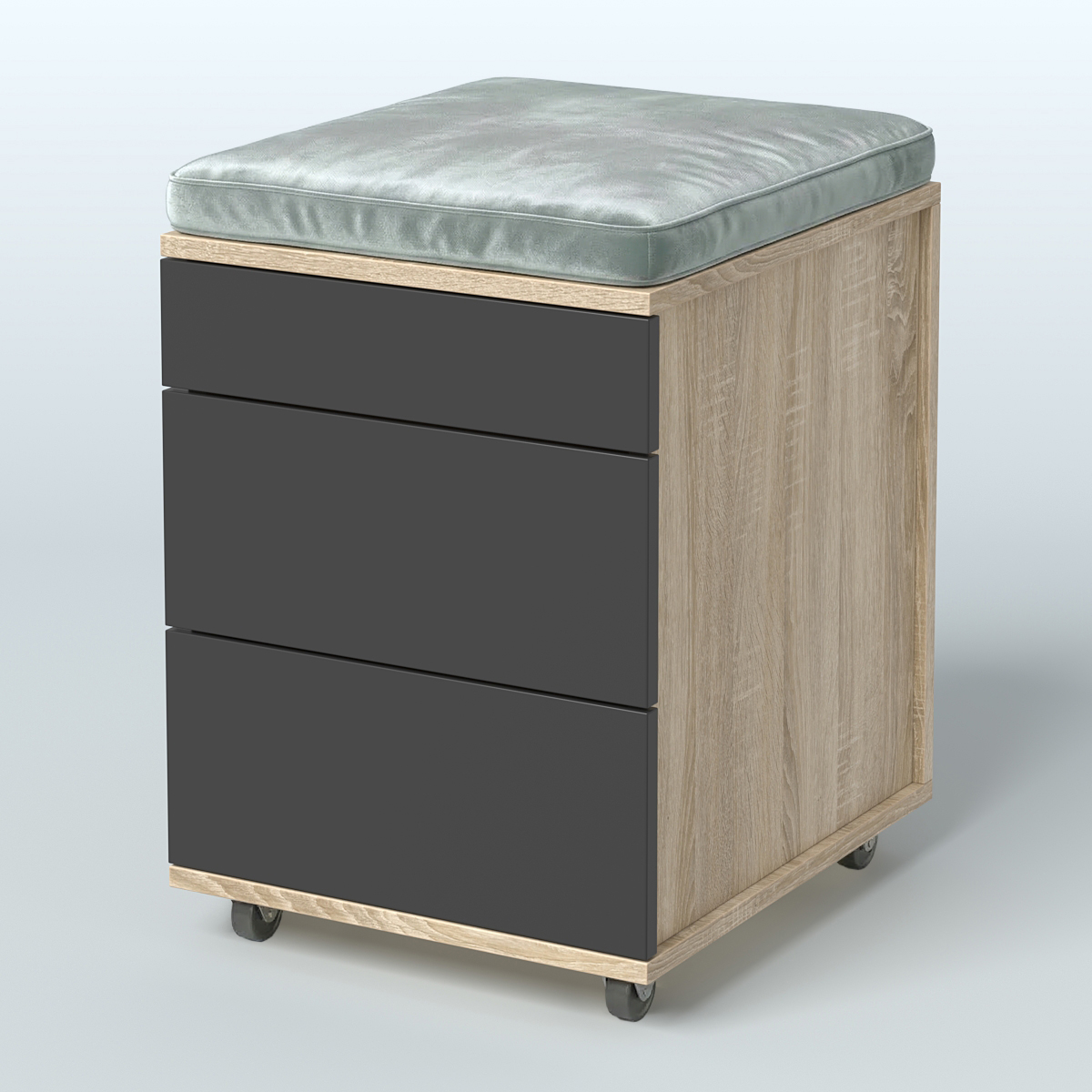 Тумба мобильная 2 ящика + 1 ящик-лоток с подушкой Фламинго, цвет белый + акация + бежевый Дуб Сонома + Черный